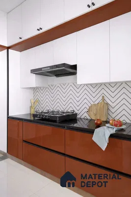 Modern dual tone kitchen with white laminate, rust brown high gloss laminate, and chevron backsplash tile