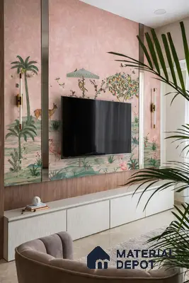 Eclectic living room with chinoiserie wallpaper, wood laminate TV wall, and ivory cabinet