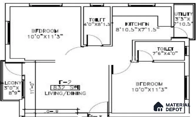 Modern 2BHK apartment floor plan with kitchen, utility, balcony, and dual bedrooms