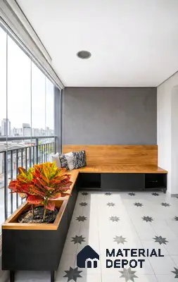 Minimalist balcony with star patterned floor tiles and wood finish built-in seating