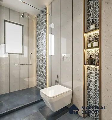 Modern bathroom with speckled wall tiles, blue patterned moroccan highlighter tiles, and grey floor tiles