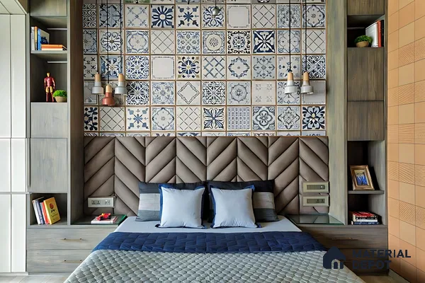 Eclectic bedroom with blue and white patterned wall tiles and chevron suede upholstered headboard