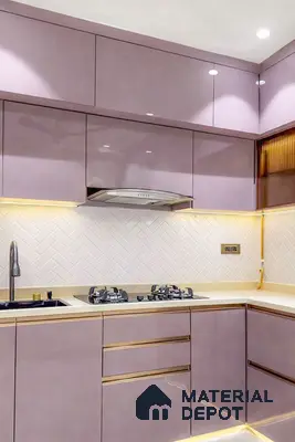 Modern kitchen with pastel lavender high gloss laminate, white quartz countertop, and herringbone subway backsplash tile