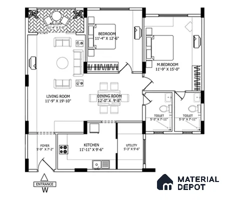Modern 2BHK apartment floor plan with open living, dining, and balcony layout