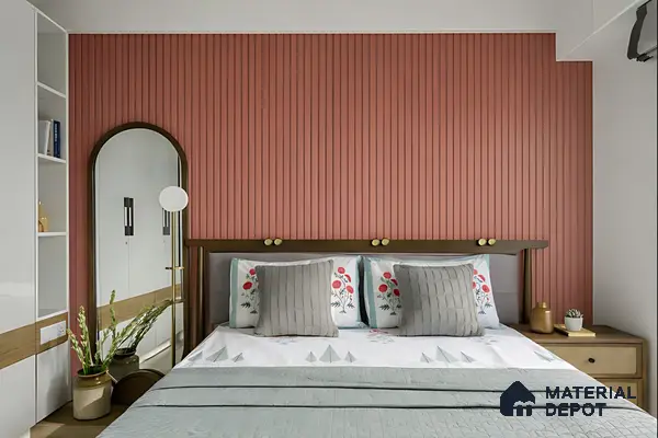 Modern bedroom with terracotta fluted wall panels and white laminate wardrobe