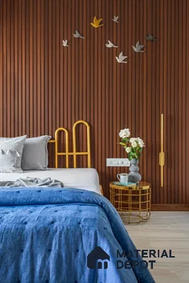 Modern bedroom with walnut brown fluted wall panels and gold metal accents