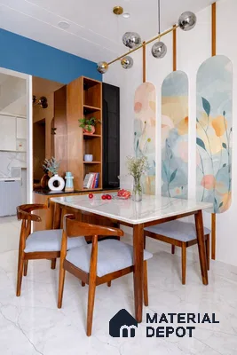 Mid-century modern dining room with marble tabletop, walnut wood chairs, and floral abstract wallpaper