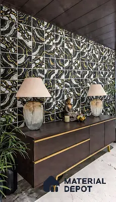 Modern foyer with black and gold marble-look wall tiles and walnut brown console