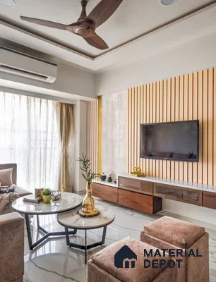 Modern living room with marble-look floor tiles, wooden louver TV wall, and floating wooden laminate TV unit