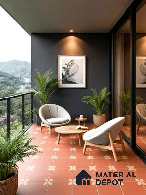 Scandinavian balcony with terracotta floral patterned floor tiles and light wood furniture in 4 BHK apartment Siroya Environ Anand Nagar Bengaluru