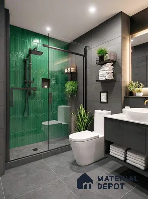 Modern bathroom with emerald green patterned wall tile and matte grey floor tile in 4 BHK apartment Siroya Environ Anand Nagar Bengaluru