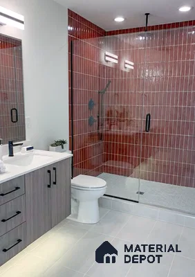 Modern bathroom with terracotta vertical subway wall tiles, grey wood laminate vanity, and white floor tiles in 4 BHK apartment Siroya Environ Anand Nagar Bengaluru