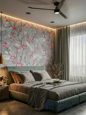 Modern bedroom with floral wallpaper accent wall and suede upholstered bed in 4 BHK apartment Siroya Environ Anand Nagar Bengaluru