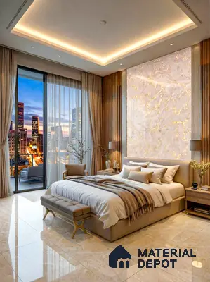 Modern bedroom with backlit marble accent wall and polished beige marble floor tiles in 4 BHK apartment Siroya Environ Anand Nagar Bengaluru