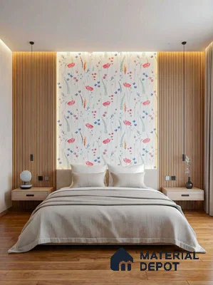 Scandinavian bedroom with floral wallpaper, natural wood louvers, and light oak wooden flooring in 4 BHK apartment Siroya Environ Anand Nagar Bengaluru
