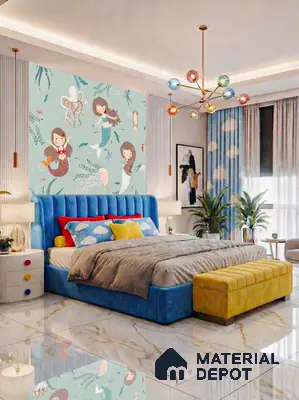 Modern kids room with mermaid wallpaper, blue velvet bed, and marble floor tiles in 4 BHK apartment Siroya Environ Anand Nagar Bengaluru