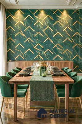 Art Deco dining room with green marble-look wall panels, gold accent chevron pattern, and walnut wood dining table in 4 BHK apartment Siroya Environ Anand Nagar Bengaluru
