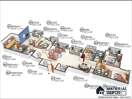 Modern foyer with wooden main door, marble-look tile flooring, and neutral wall finishes in 4BHK apartment in 4 BHK apartment Siroya Environ Anand Nagar Bengaluru
