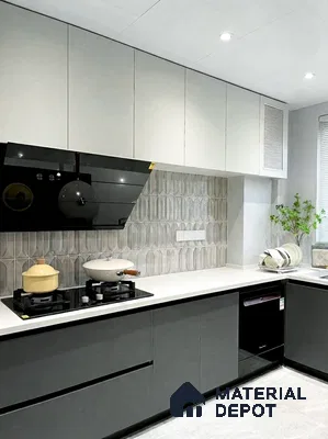 Modern kitchen with grey and white laminate cabinets, white quartz countertop, and geometric textured backsplash tile in 4 BHK apartment Siroya Environ Anand Nagar Bengaluru