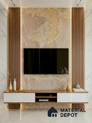 Modern TV unit with marble-look laminate, walnut wood louvers, and white floating cabinet in 4 BHK apartment Siroya Environ Anand Nagar Bengaluru