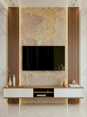 Modern TV unit with marble-look laminate, walnut wood louvers, and white floating cabinet in 4 BHK apartment Siroya Environ Anand Nagar Bengaluru
