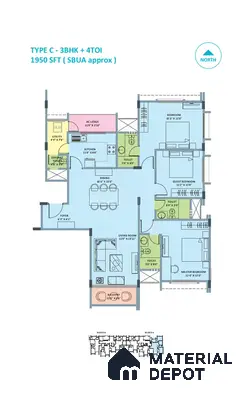 Modern 3BHK apartment floor plan with foyer, kitchen, utility, living, dining, balcony, and four bathrooms in 3 BHK apartment Skav Aastha Mahalakshmi layout Bengaluru