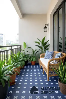 Scandinavian balcony with blue and white geometric floor tiles and rattan seating in 3 BHK apartment Skav Aastha Mahalakshmi layout Bengaluru