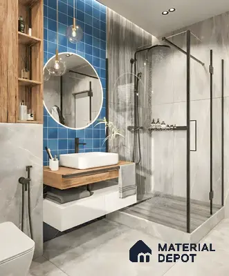 Modern bathroom with blue subway wall tiles, grey marble-look tiles, and wood vanity in 3 BHK apartment Skav Aastha Mahalakshmi layout Bengaluru