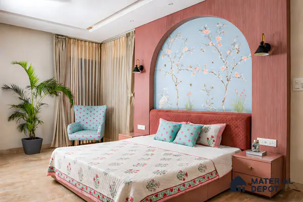 Japandi bedroom with blush pink fluted wall panels, chinoiserie floral wallpaper, and quilted suede upholstered bed in 3 BHK apartment Skav Aastha Mahalakshmi layout Bengaluru