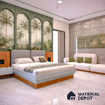 Modern bedroom with tropical wallpaper, marble floor tiles, and wood accents in 3 BHK apartment Skav Aastha Mahalakshmi layout Bengaluru