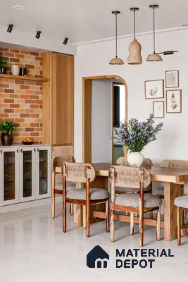 Scandinavian dining room with natural wood table, brick cladding wall, and glossy white floor tiles in 3 BHK apartment Skav Aastha Mahalakshmi layout Bengaluru