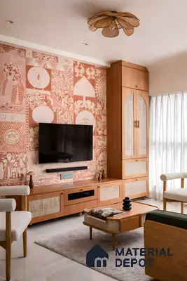Mid-century modern living room with terracotta Indian patterned wallpaper and cane-front wooden TV unit in 3 BHK apartment Skav Aastha Mahalakshmi layout Bengaluru