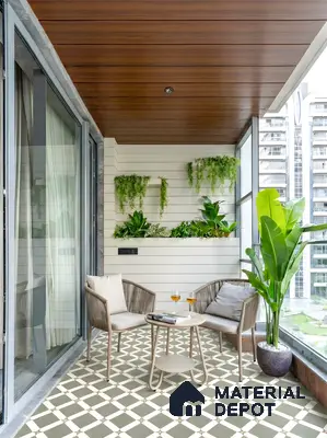 Modern balcony with patterned floor tiles, wooden ceiling, and white wall panels