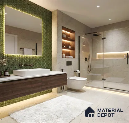Modern bathroom with green chevron wall tile, beige stone-look floor and wall tiles, and walnut floating vanity