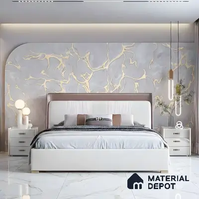 Modern bedroom with marble effect accent wall and white marble floor tiles