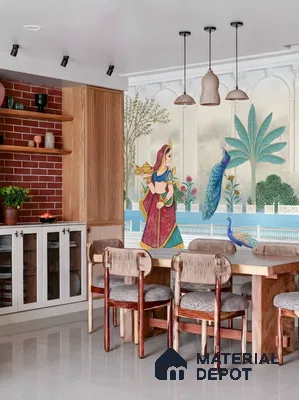 Eclectic dining room with Indian mural wallpaper, natural wood dining table, and exposed brick wall
