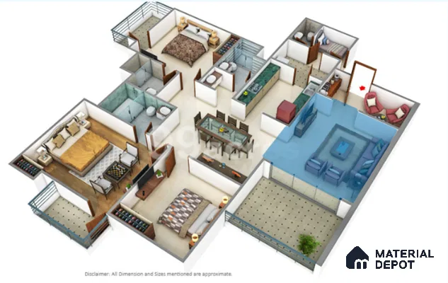 Modern Floor Plan with beige floor tiles, blue accent coffee table, and sectional sofa