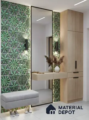 Modern foyer with green geometric 3D wall tiles and light oak laminate cabinetry