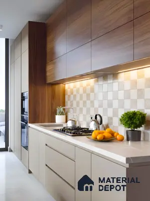 Modern kitchen with walnut wood laminate, beige solid laminate, and checkered ceramic backsplash tiles