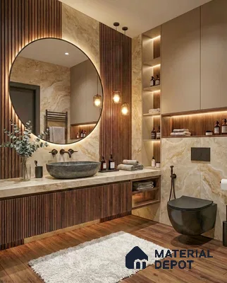 Modern bathroom with marble-look wall tiles, walnut fluted panels, and wood-look floor tiles