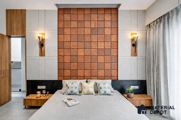 Modern bedroom with terracotta patterned tile accent wall and wood laminate furniture