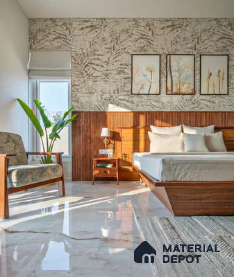 Mid-century modern bedroom with walnut wood laminate, fluted wall panels, and marble floor tiles