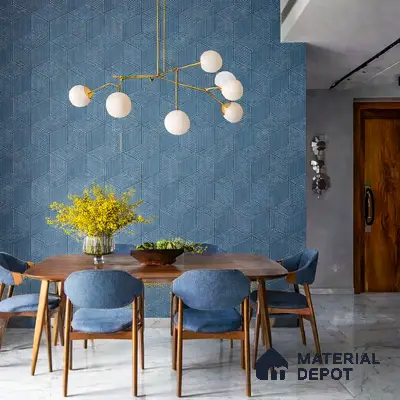 Mid-century modern dining room with blue geometric wallpaper and marble floor tile