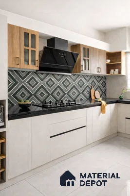 Modern kitchen with geometric patterned backsplash tile, oak wood laminate cabinets, and black granite countertop