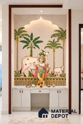 Traditional pooja room with Indian mural wallpaper and frosty white laminate cabinetry