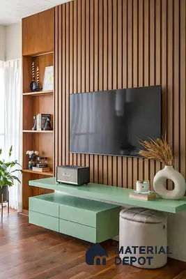 Modern TV unit with walnut wood fluted panels and pastel green laminate floating cabinet