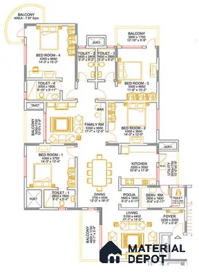 Modern apartment floor plan with multiple bedrooms, balconies, and open living-dining layout of 4 BHK apartment in Sobha Althea and Azalea Whitefield in Bengaluru