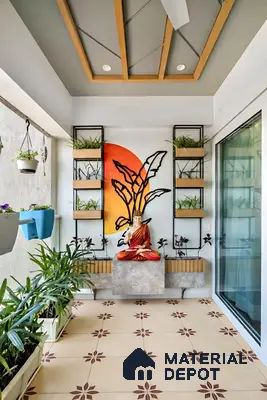 Modern balcony with beige floral patterned floor tiles, wall-mounted planters, and wooden ceiling grid of 4 BHK apartment in Sobha Althea and Azalea Whitefield in Bengaluru