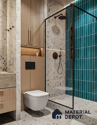 Modern bathroom with terrazzo tiles, teal kitkat subway wall tiles, and fluted wood vanity of 4 BHK apartment in Sobha Althea and Azalea Whitefield in Bengaluru