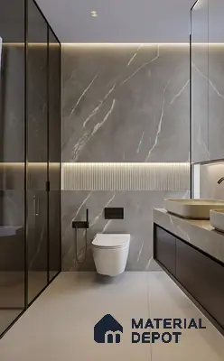 Modern bathroom with grey marble wall tiles, fluted accent tile, and matte beige floor tiles of 4 BHK apartment in Sobha Althea and Azalea Whitefield in Bengaluru